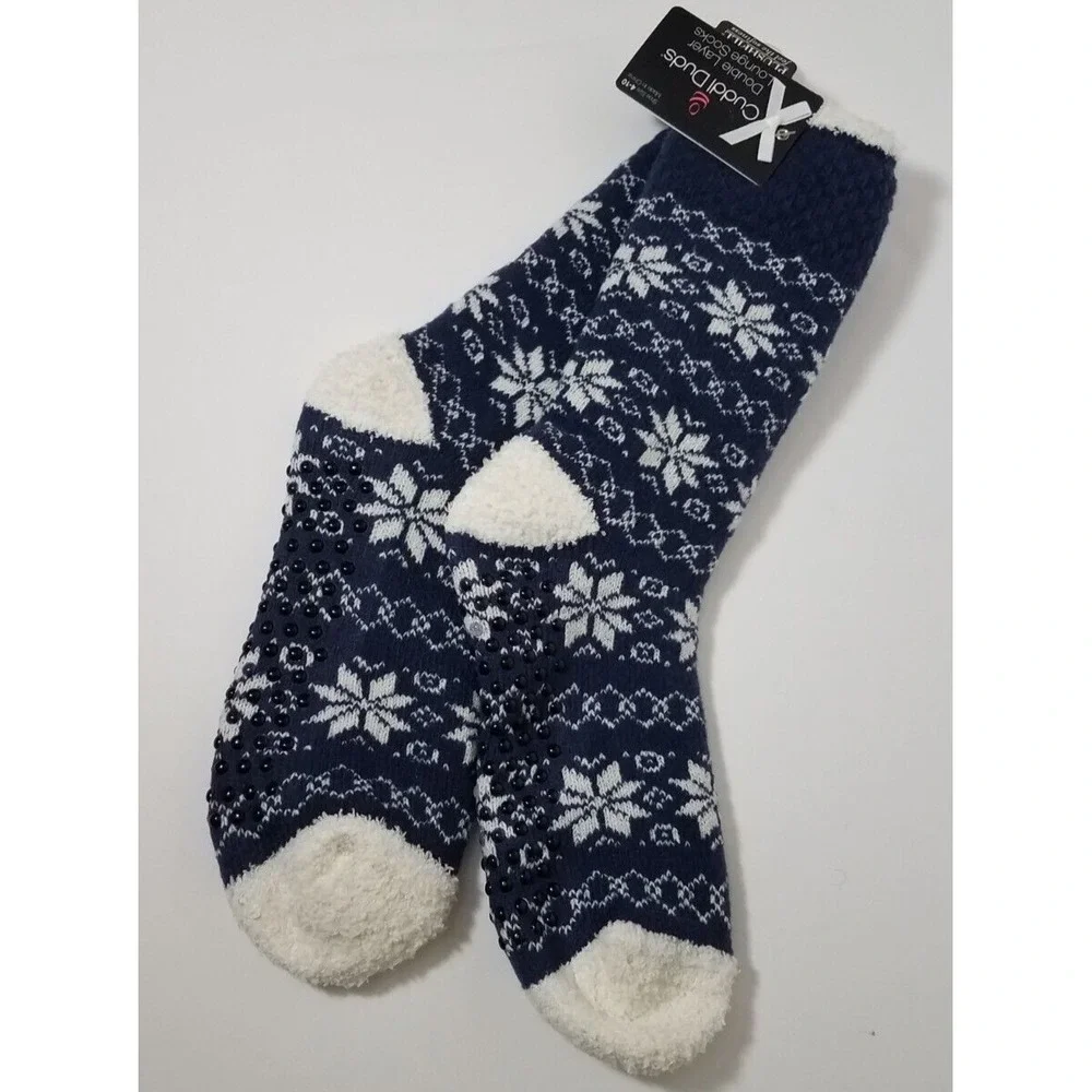 Cuddl Duds Socks Women 4-10 Double Layer Lounge Plush‎ Non-Skid Bottoms Blue NEW